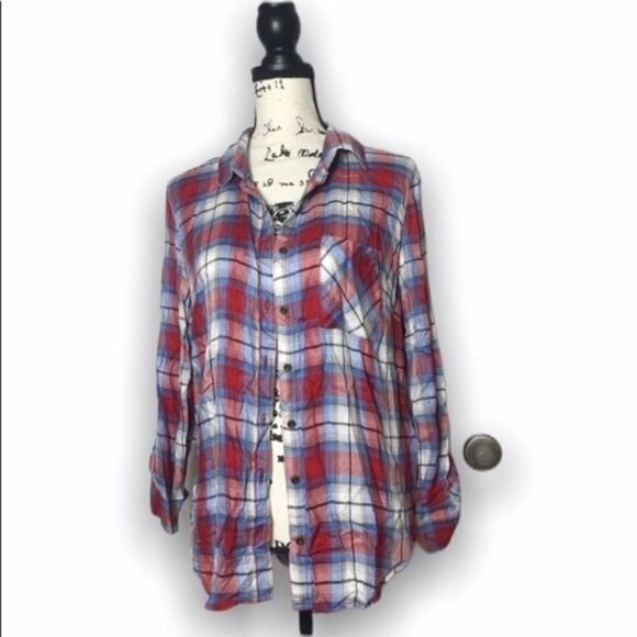 Faded Glory S Red Blue Plaid Button Down Shirt Soft Rayon Flannel Look - Picture 1 of 3
